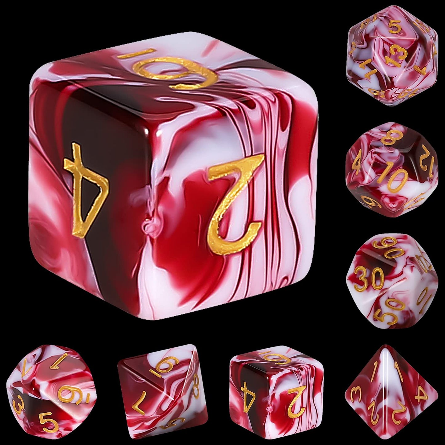 QMAY DND Dice Set – Blood Red & White Polyhedral Dice (7 Pcs) for D&D