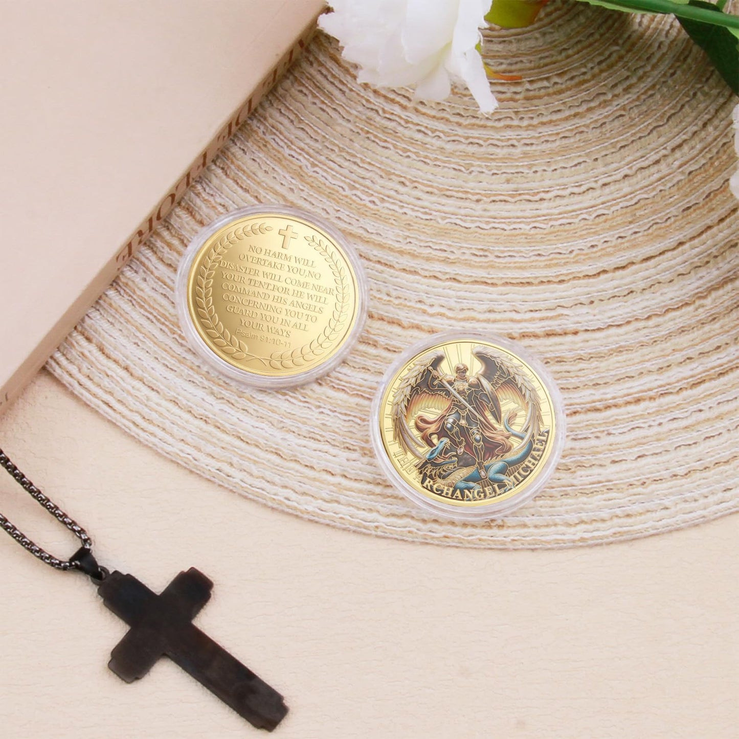 Qoncosy Archangel Michael Challenge Coin 1/6/12/24 Pcs – Gold Plated, Psalm 91:10-11, Protective Case