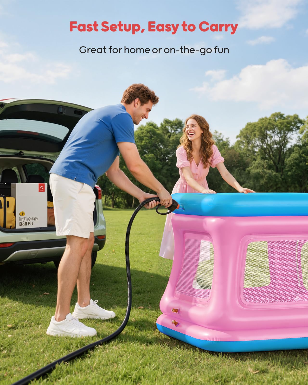 QPAU 3-in-1 Inflatable Bounce House for Toddlers 1-3 | Ball Pit & Trampoline (Blue & Pink)