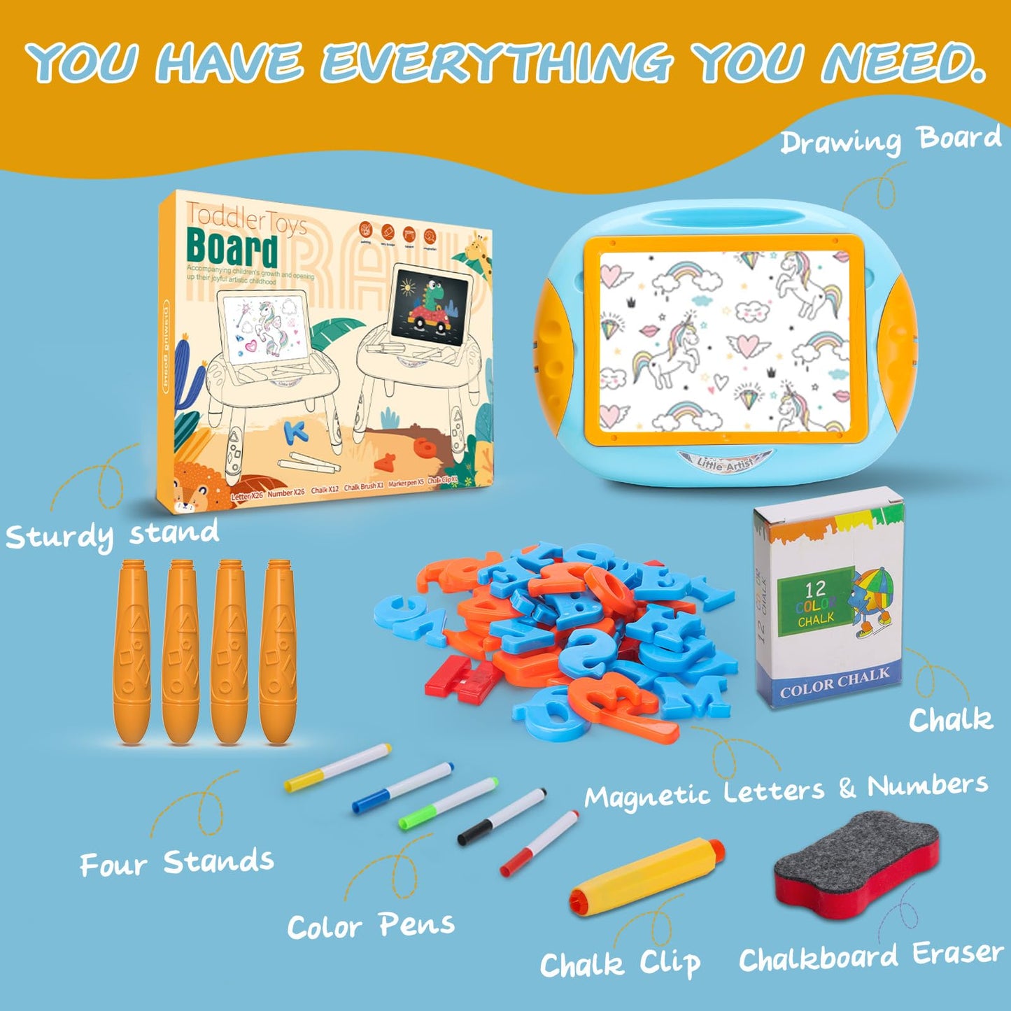 Qrytoi Doodle Easel with Magnetic Letters & Numbers – Portable Learning Toy for 1–2 Year Old Boys