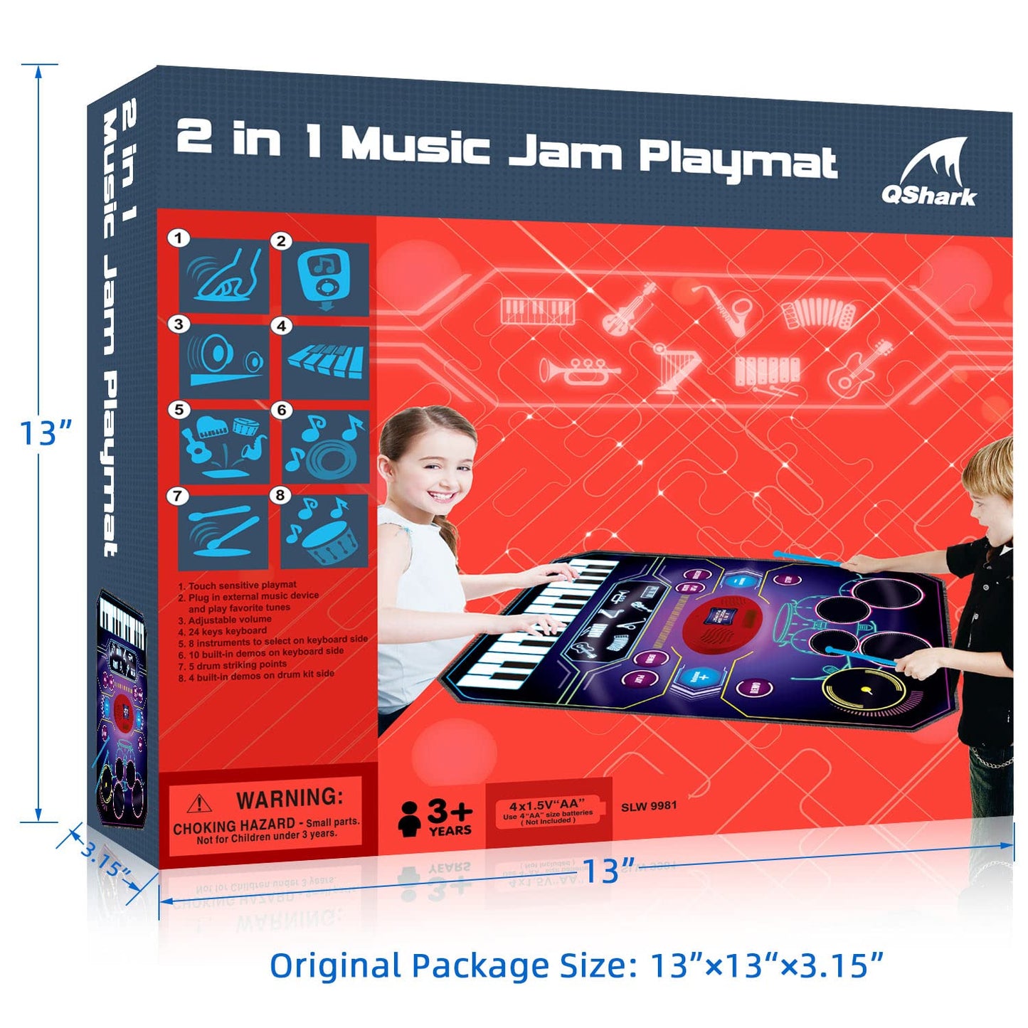 QShark 2 in 1 Kids Music Learning Toy – Drum Set & Piano Mat with Record & Playback, 8 Instrument Sounds, 24 Keys, Gift for Toddlers Aged 3–8