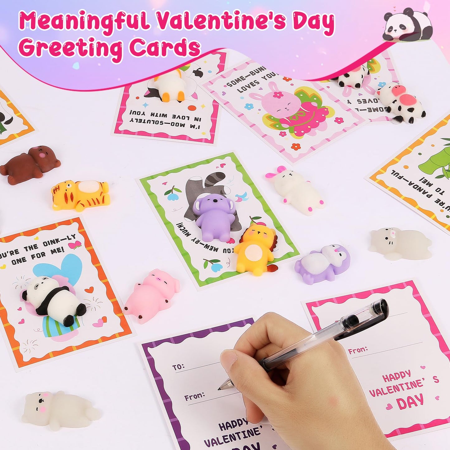 Qudoustar 28-Pack Valentine’s Day Kids Gift Set – Mochi Squishies & Cards for Classroom Exchanges
