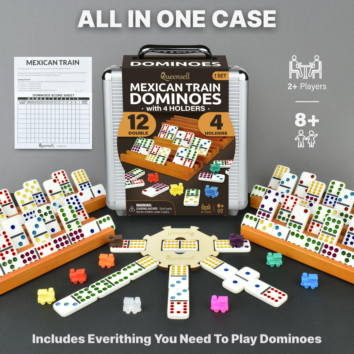 Queensell Mexican Train Dominoes Set with 4 Holders – Double 12 Dominoes for Family Game Night