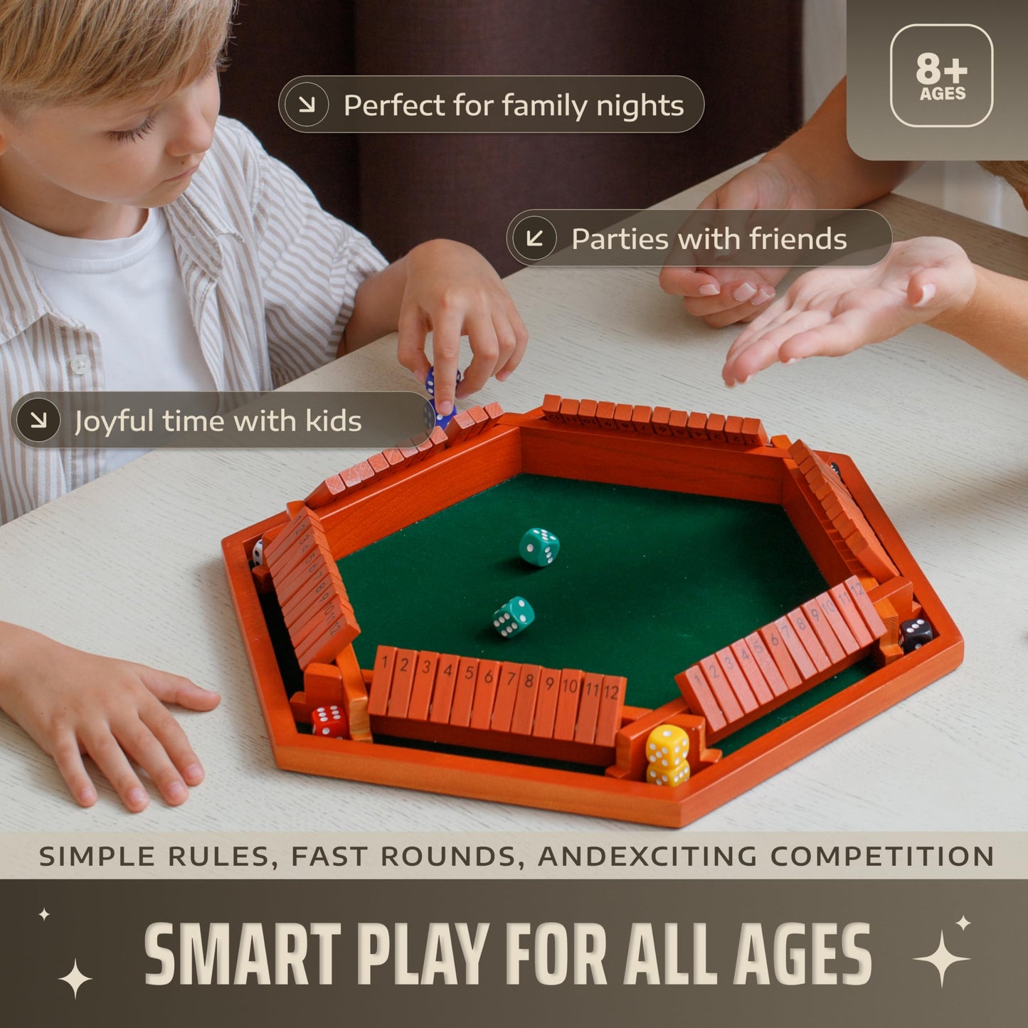 Queensell Shut The Box Game – 16-Inch Wooden Board for 1-6 Players