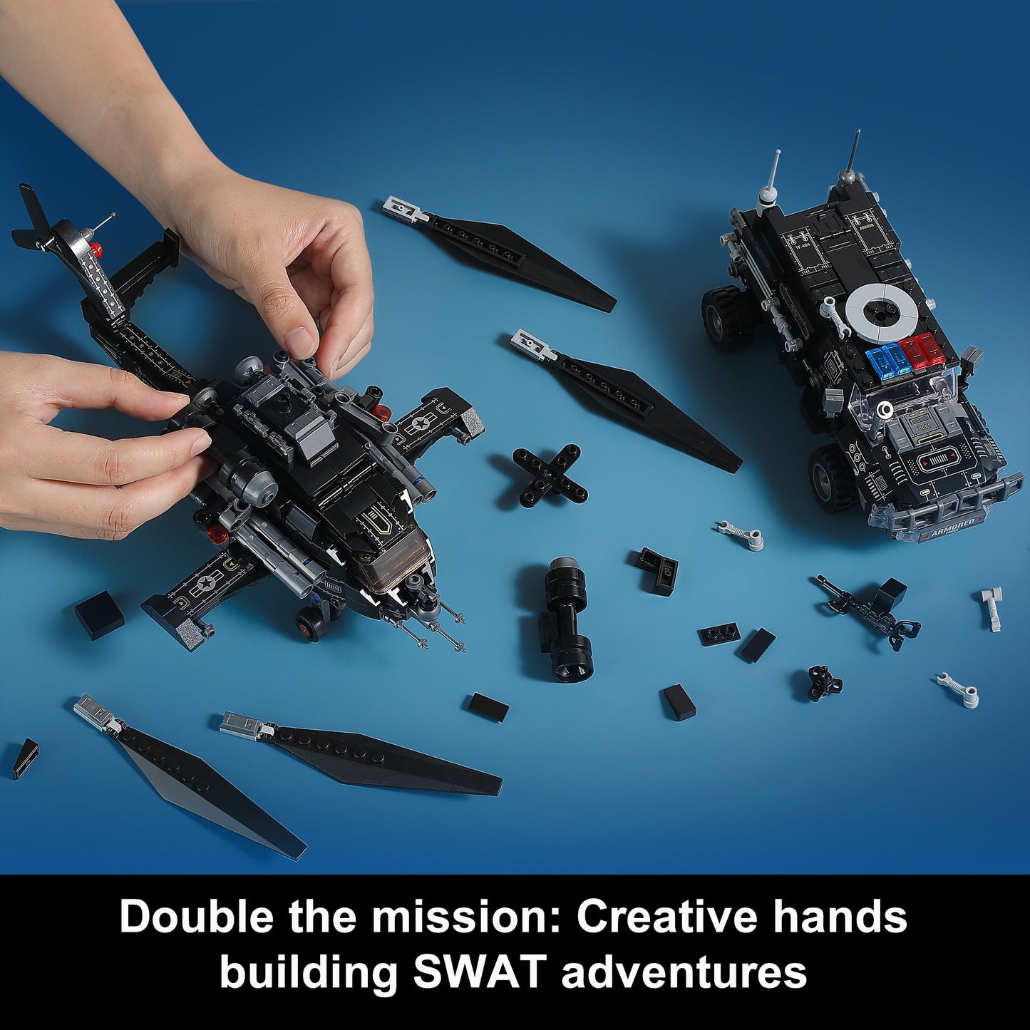 QUENTINAG SWAT Police Mech Building Sets — 926 Pieces, LEGO-Compatible, Transforming Truck & Helicopter to 2 Mechs (Ages 6-12)