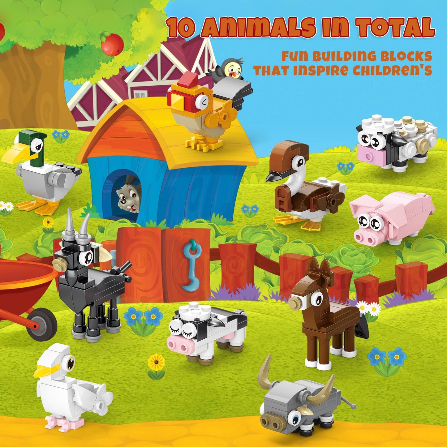 Qumic Building Blocks Valentines – 30 Farm Animal Blocks with Cards