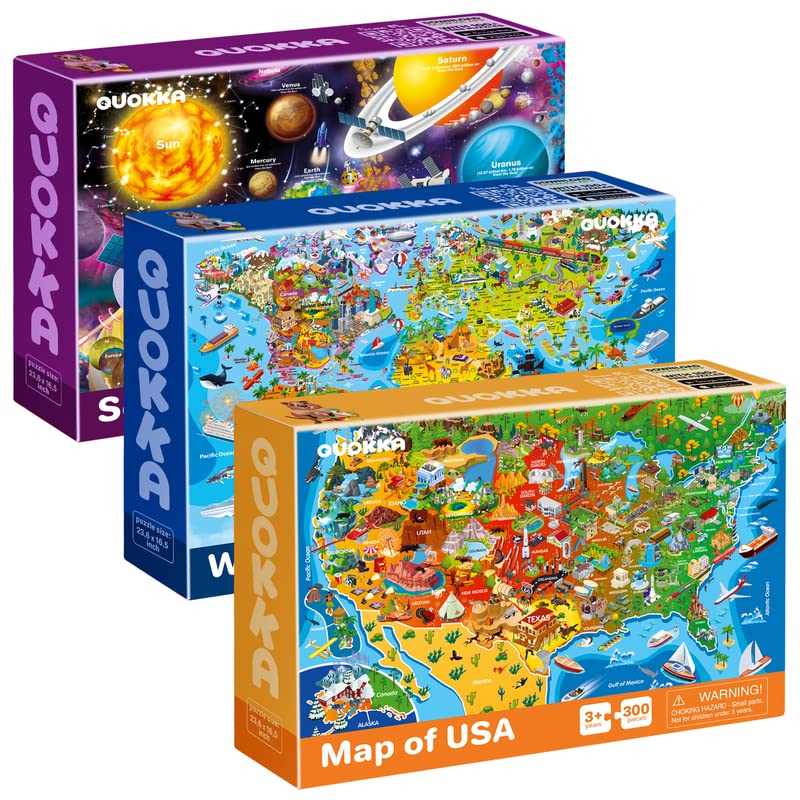 QUOKKA Puzzles for Kids 4-12 | 3-Pack 300-Piece USA Map, World Map & Solar System Puzzles