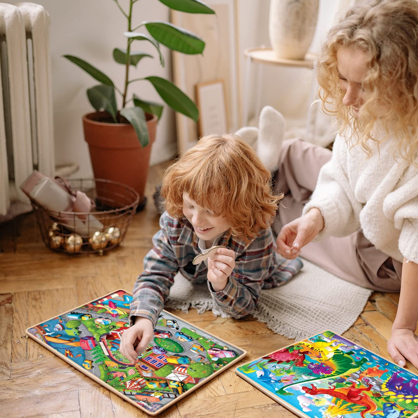 QUOKKA Wooden Puzzles for Kids 4-6 – 4 x 60-Piece Puzzles (Animals, Dinosaurs, City)