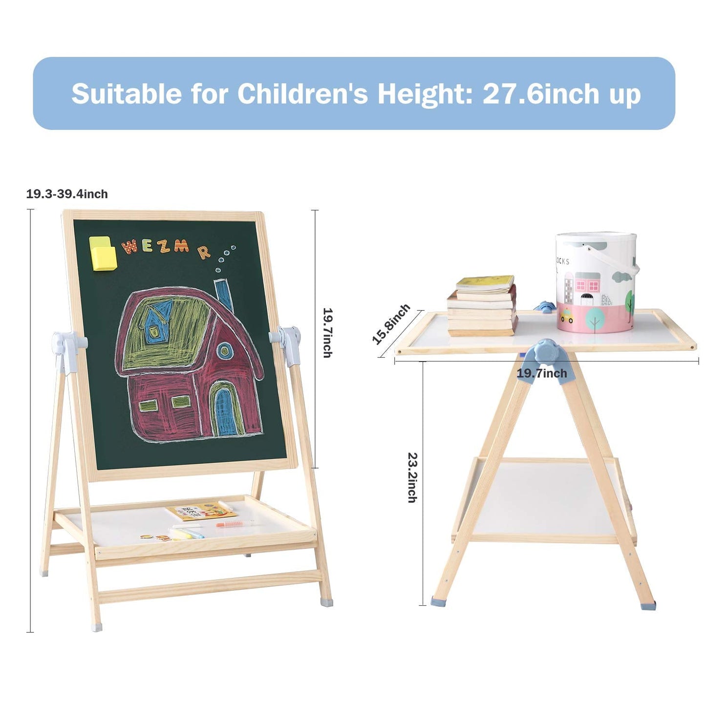 QZMTOY Kids Art Easel — Deluxe Standing Easel Set, Adjustable 23.6-39.4 in, Double-Sided Whiteboard & Chalkboard, 360° Rotating