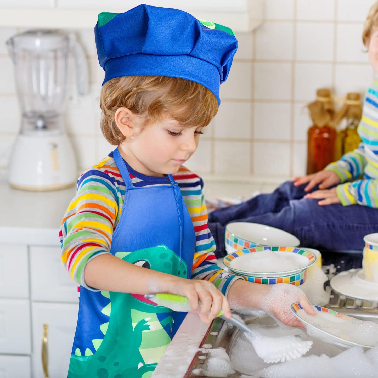 R HORSE 2 Pcs Kids Aprons & Adjustable Chef Hat Set – Blue Dinosaur Dress-Up Kit for Cooking & Art