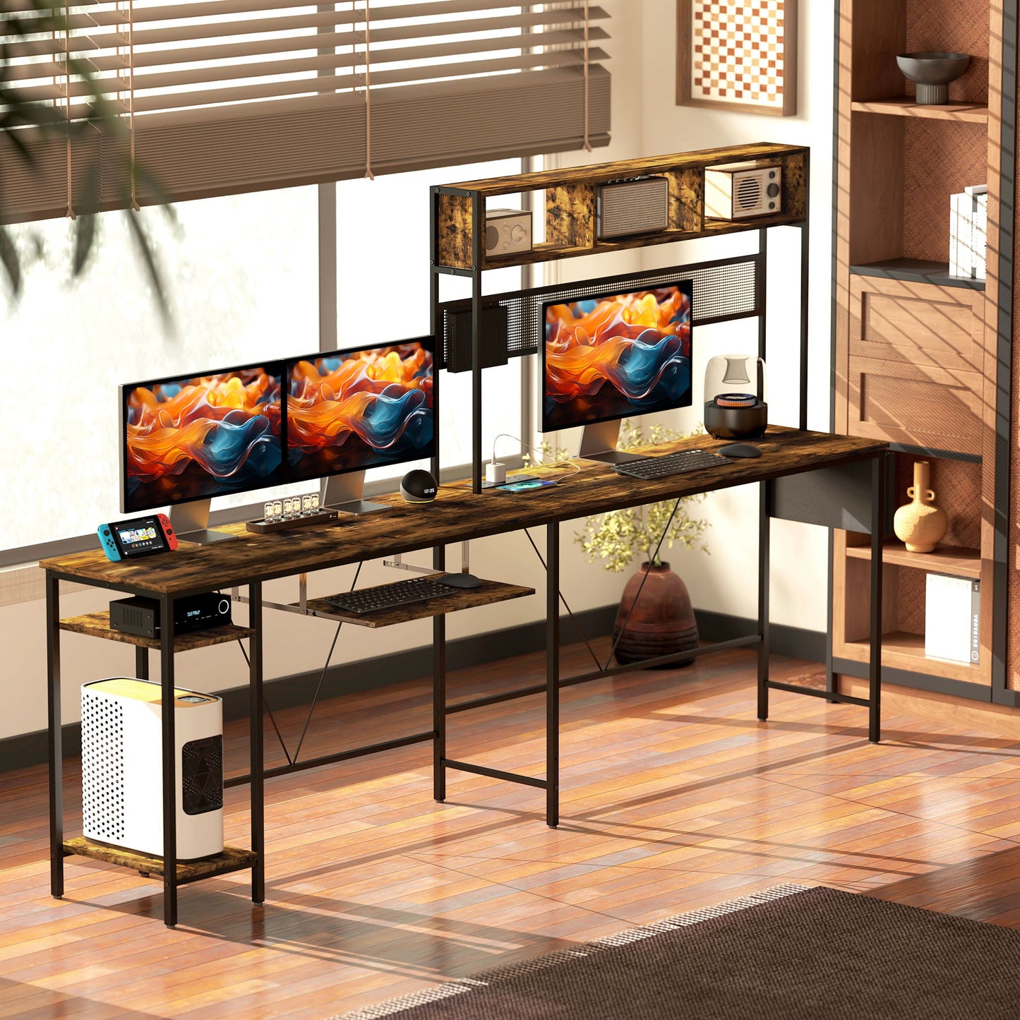HOMCOM Reversible Corner Desk w/ USB Port, Long Computer Desk for 2 Person
