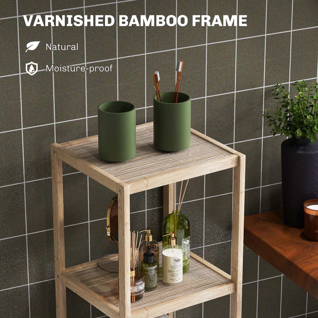HOMCOM 4-Tier Bathroom Storage Shelving Unit, Freestanding Bamboo Shelves