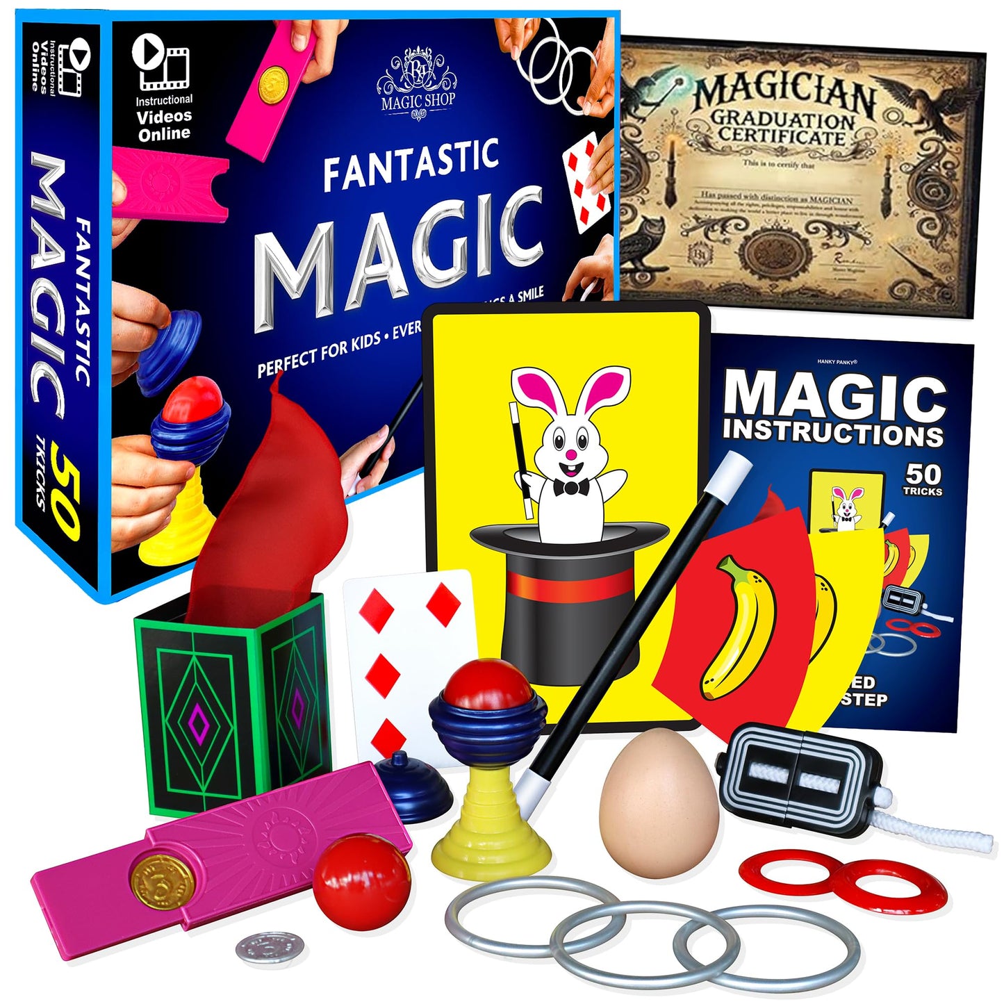 RA MAGIC SHOP Fantastic Magic Set – 50 Easy Tricks with Video Instructions for Kids 6-12 | Beginner Magic Tricks Kit