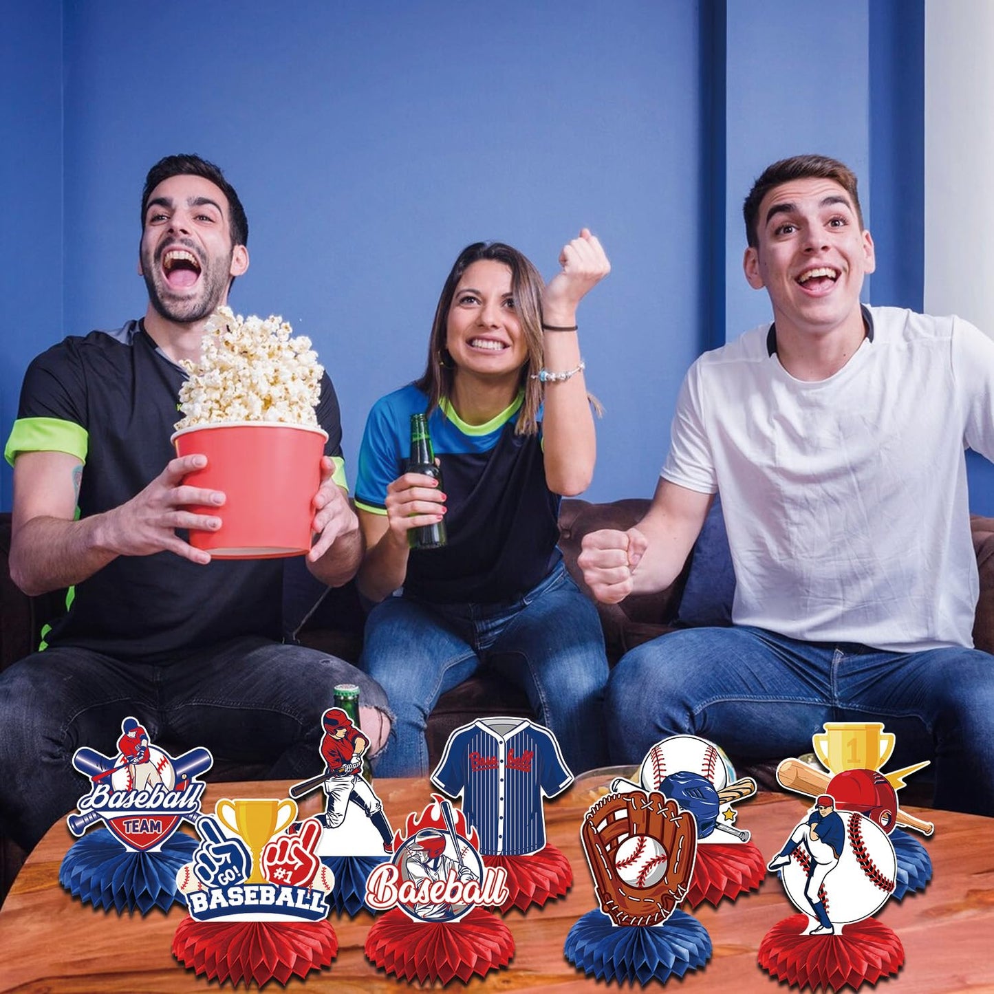 Rakuto Baseball Birthday Party Decorations - 9-Piece Honeycomb Centerpieces in Blue & Red