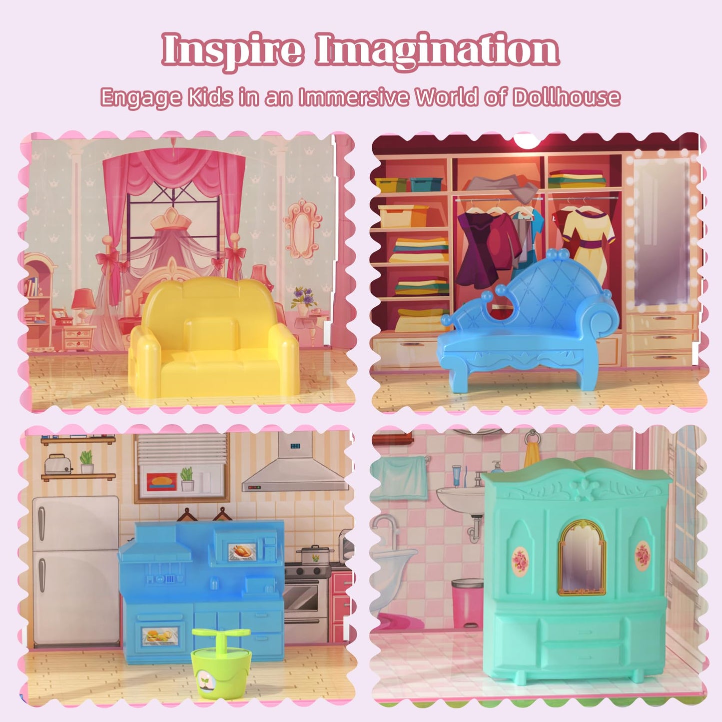Randhar Doll House with Lights – 4 Floors, 13 Rooms, 3 Dolls, 7 Furniture Sets | Gift for 3–8+ Girls