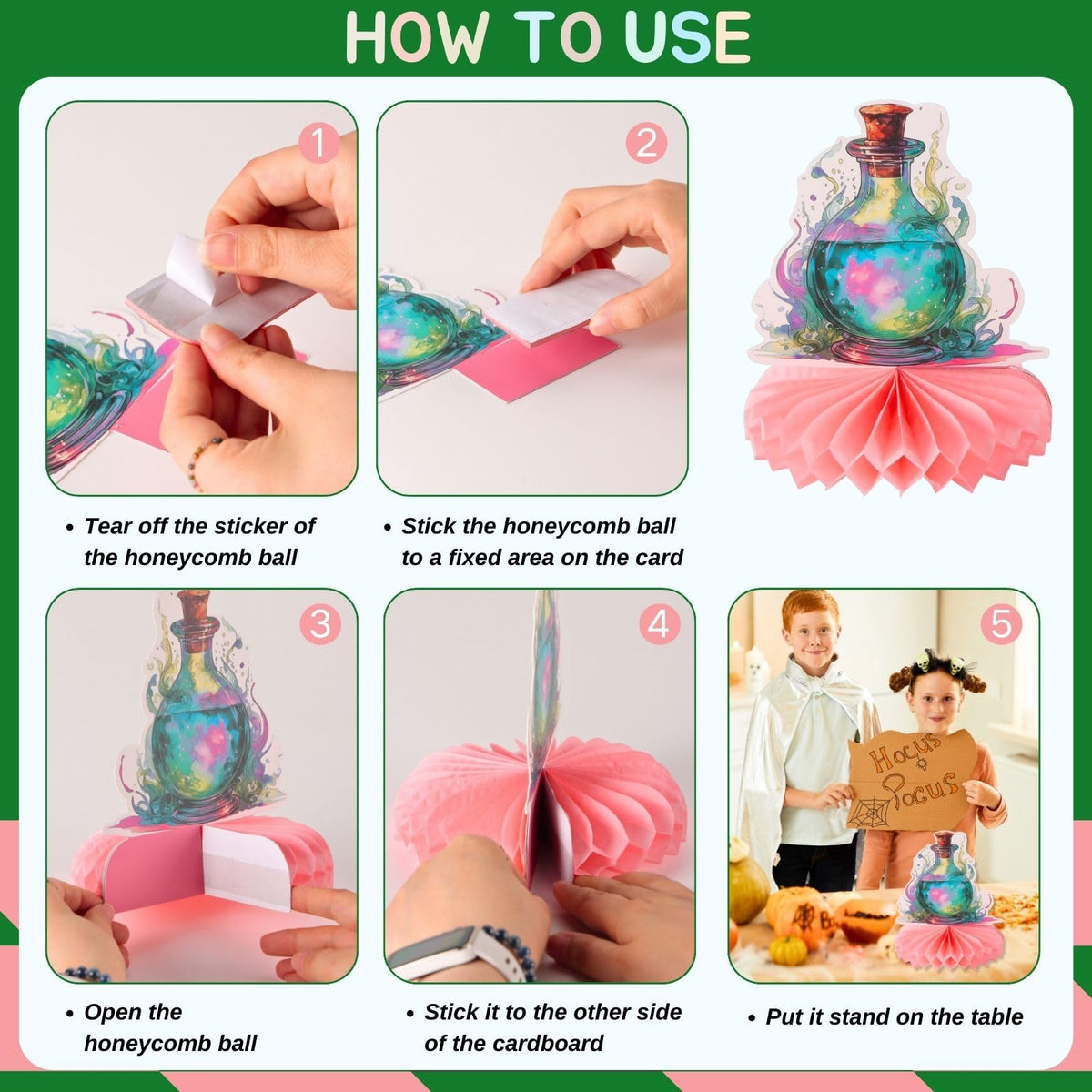 RANERVZ 9pcs Witch Table Centerpieces - Pink & Green Honeycomb Party Decor for Girl Birthday