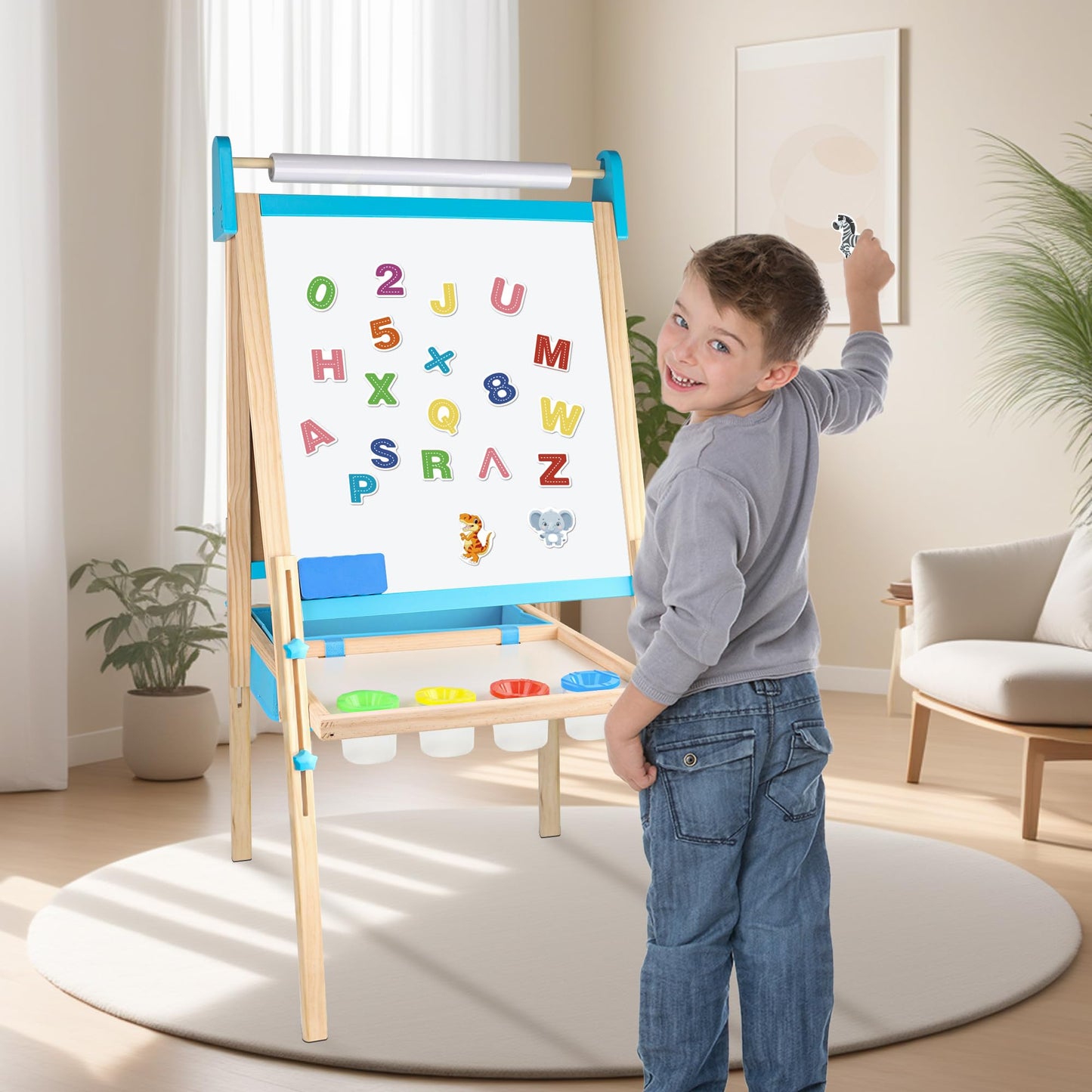 Ranqibo Wooden Adjustable Kids Easel — Magnetic Whiteboard & Blackboard, Paper Holder, 2 Paper Rolls, 109 Accessories