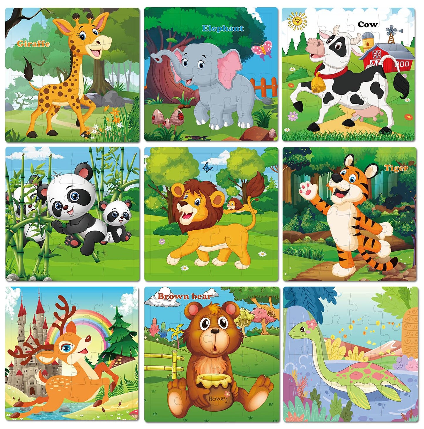 RANSUNN Wooden Animal Puzzles for Kids 3-5 - 16-Piece Colorful Puzzles (9-Pack)