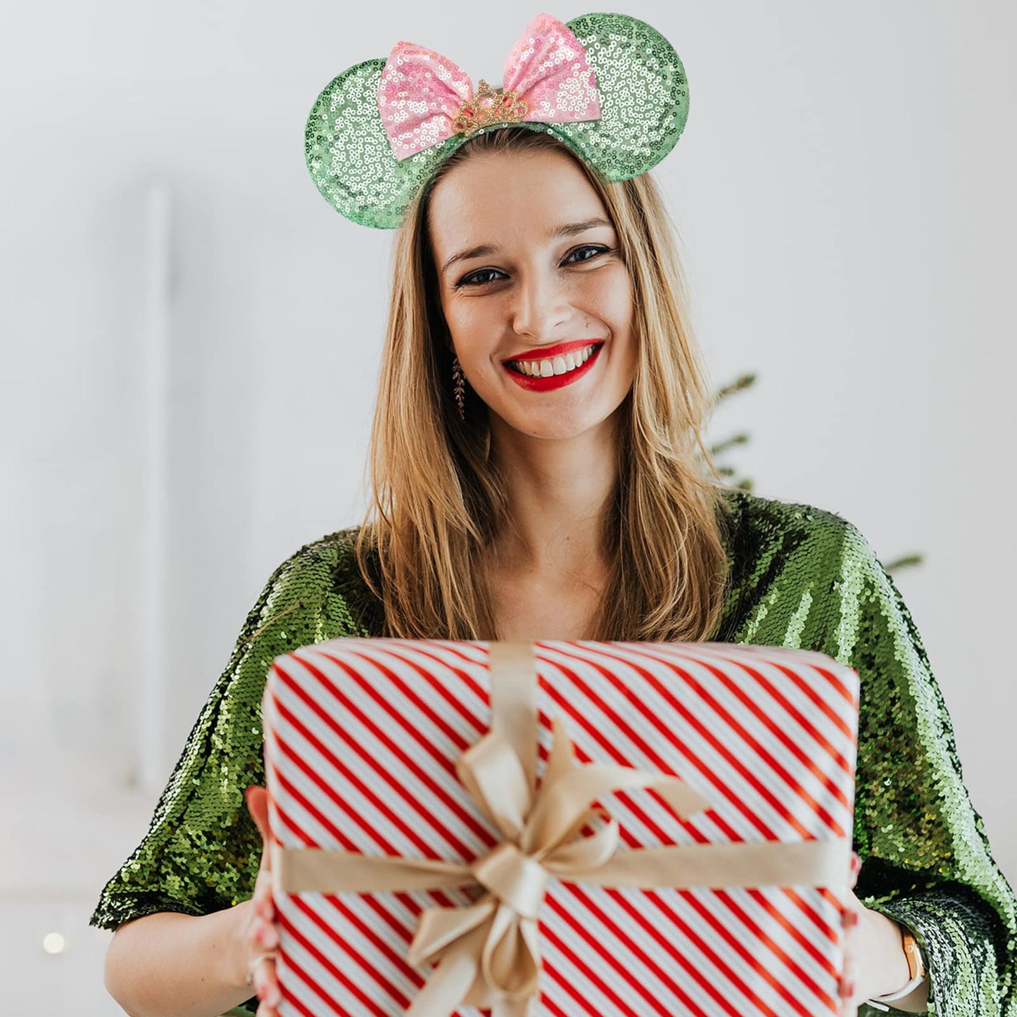 RAZKO Mouse Ears Headband – Sequin Green, Satin Comfort, Unisex (Green Crown L)