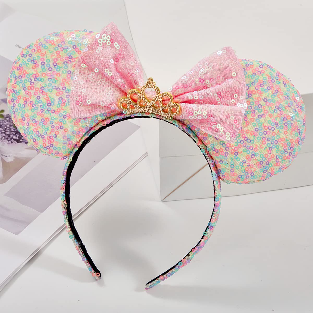 RAZKO Sequin Mouse Ears Headband – Rainbow Iridescent Mice Ears for Women & Kids