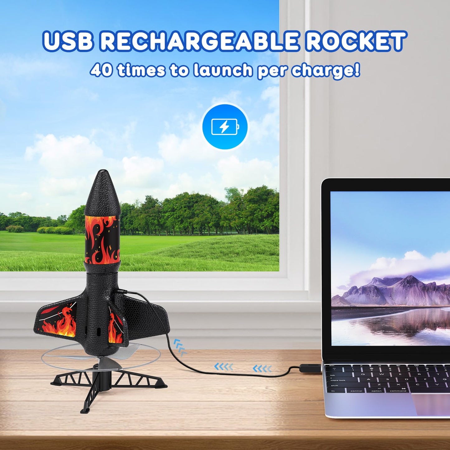 Rceico Rocket Launcher – Up to 170 ft Altitude Outdoor Rocket Kit with Night Lights, Rechargeable Launch Set for Kids 8-12