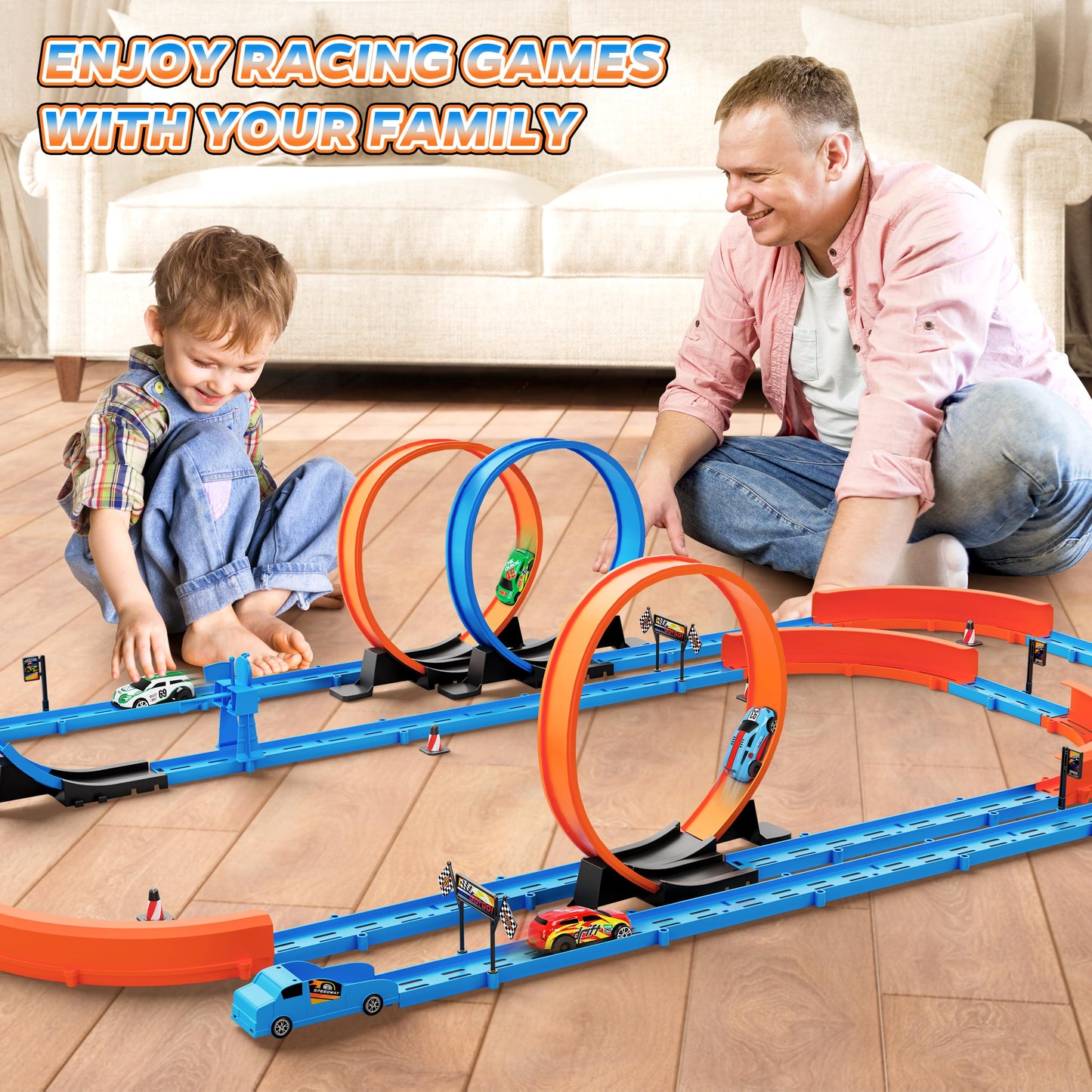 Rcovasc Slot Car Race Track Sets – 360° Loops, 4 Cars, 64-Piece Flexible Track