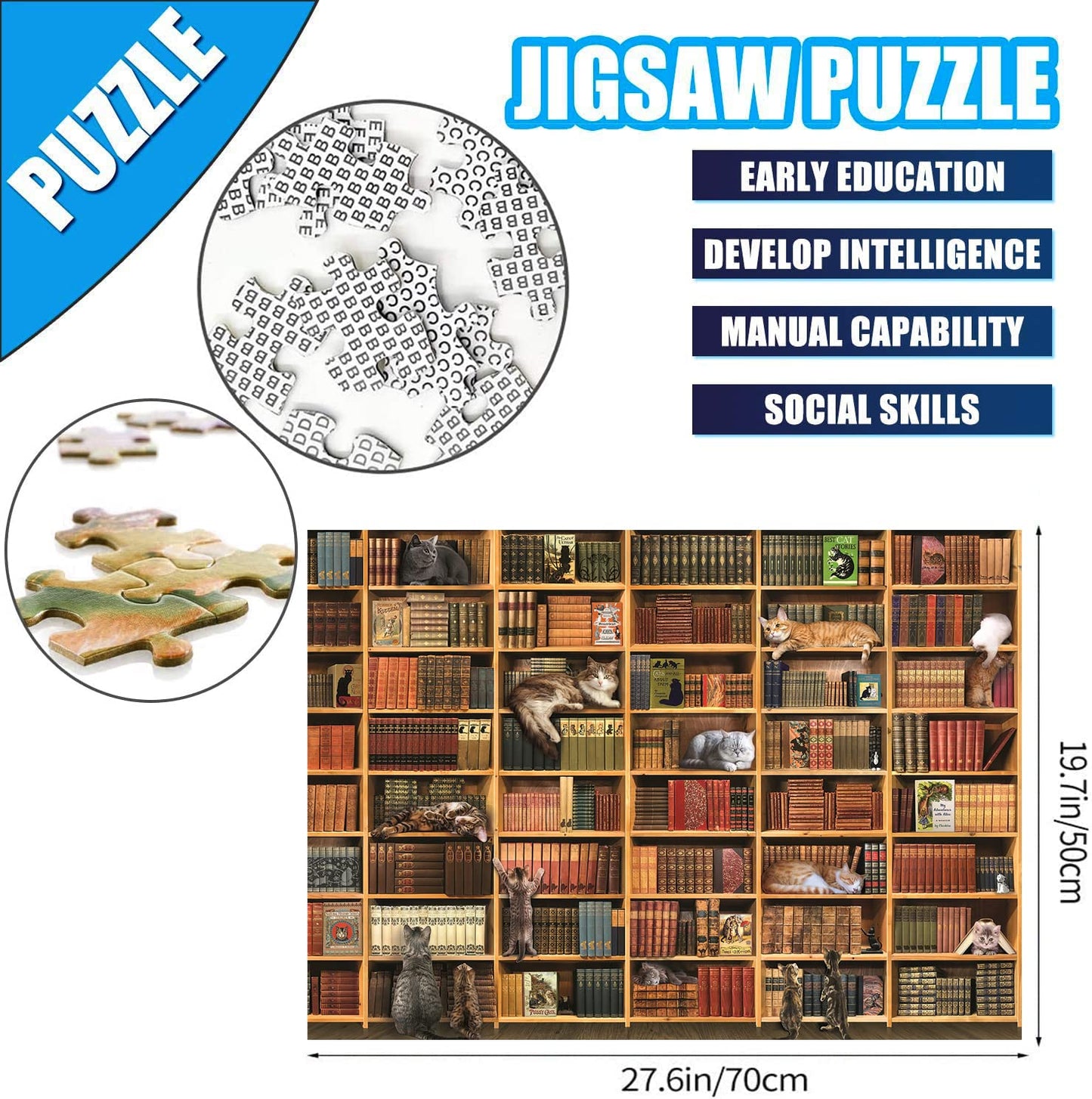 RECHIATO Cats Library Jigsaw Puzzle – 1000+ Piece Kitten Bookshelf Puzzle for Family Fun