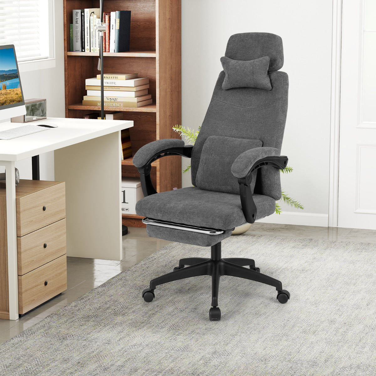 Reclining Home Office Chair Chenille Fabric Upholstered Computer Desk Chair with Padded Linkage Armrests-Grey