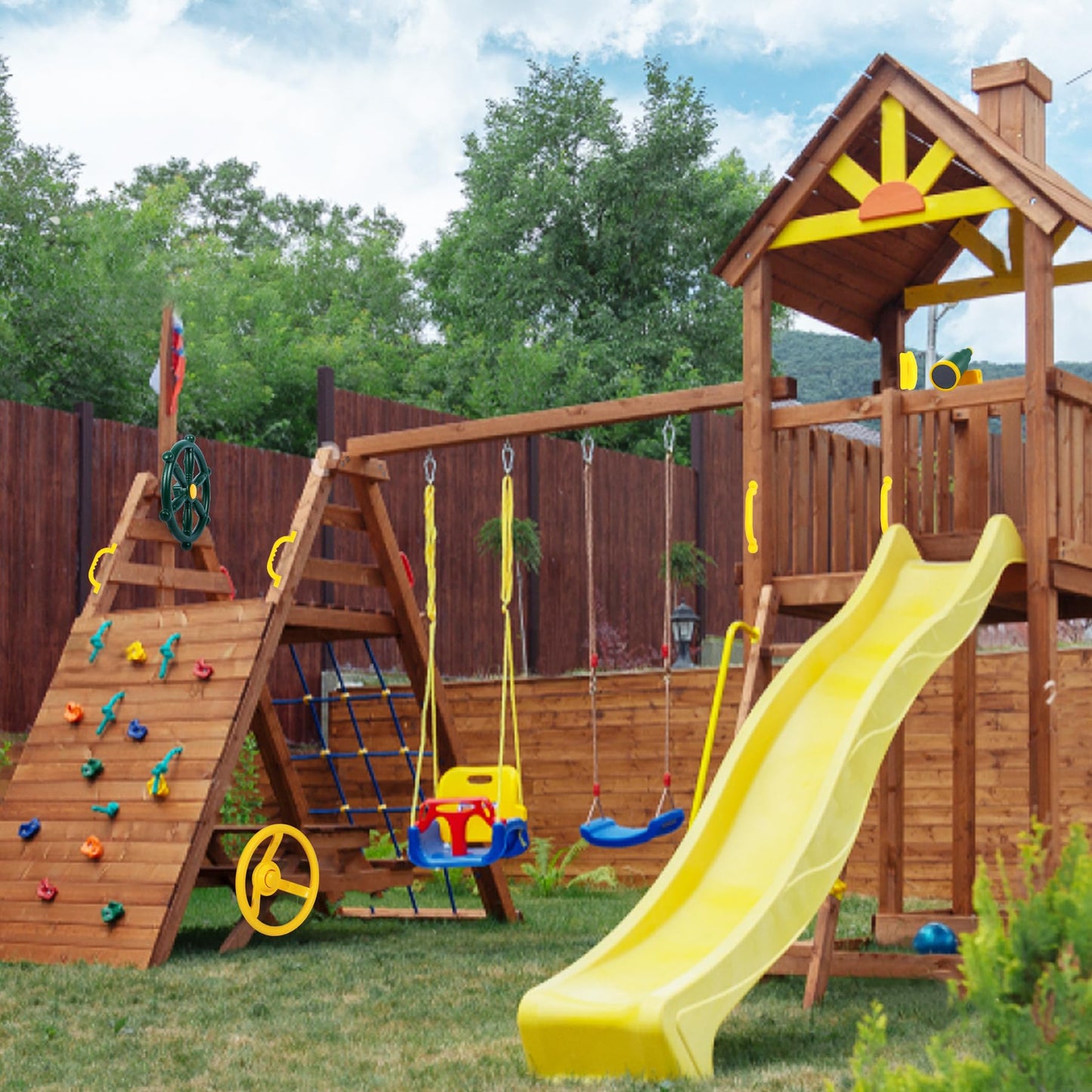 RedSwing Playground Accessories for Kids – 2 Pirate Ship Wheels, Toy Telescope, Telephone & Safety Handles (Yellow & Green)