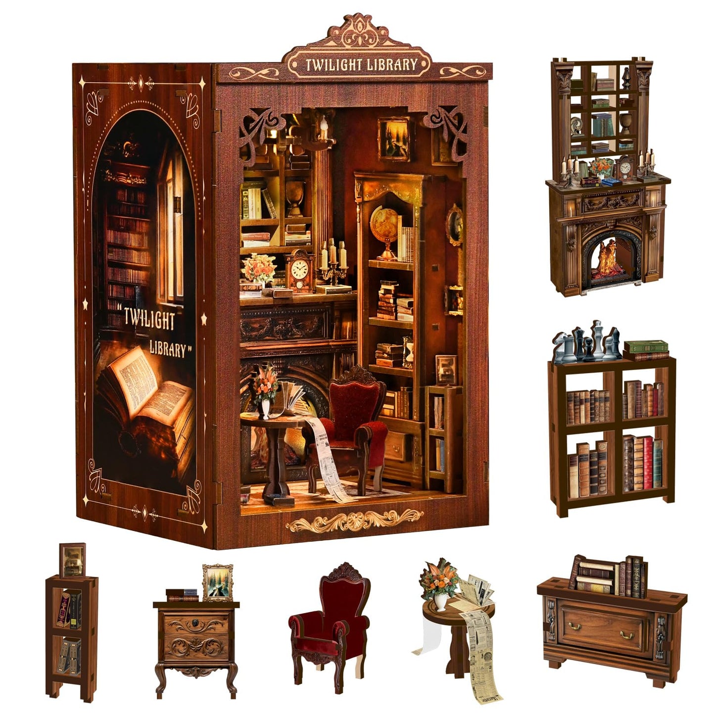 Reenovan Twilight Library Book Nook Kit – DIY Miniature with LED for Cozy Shelf Decor