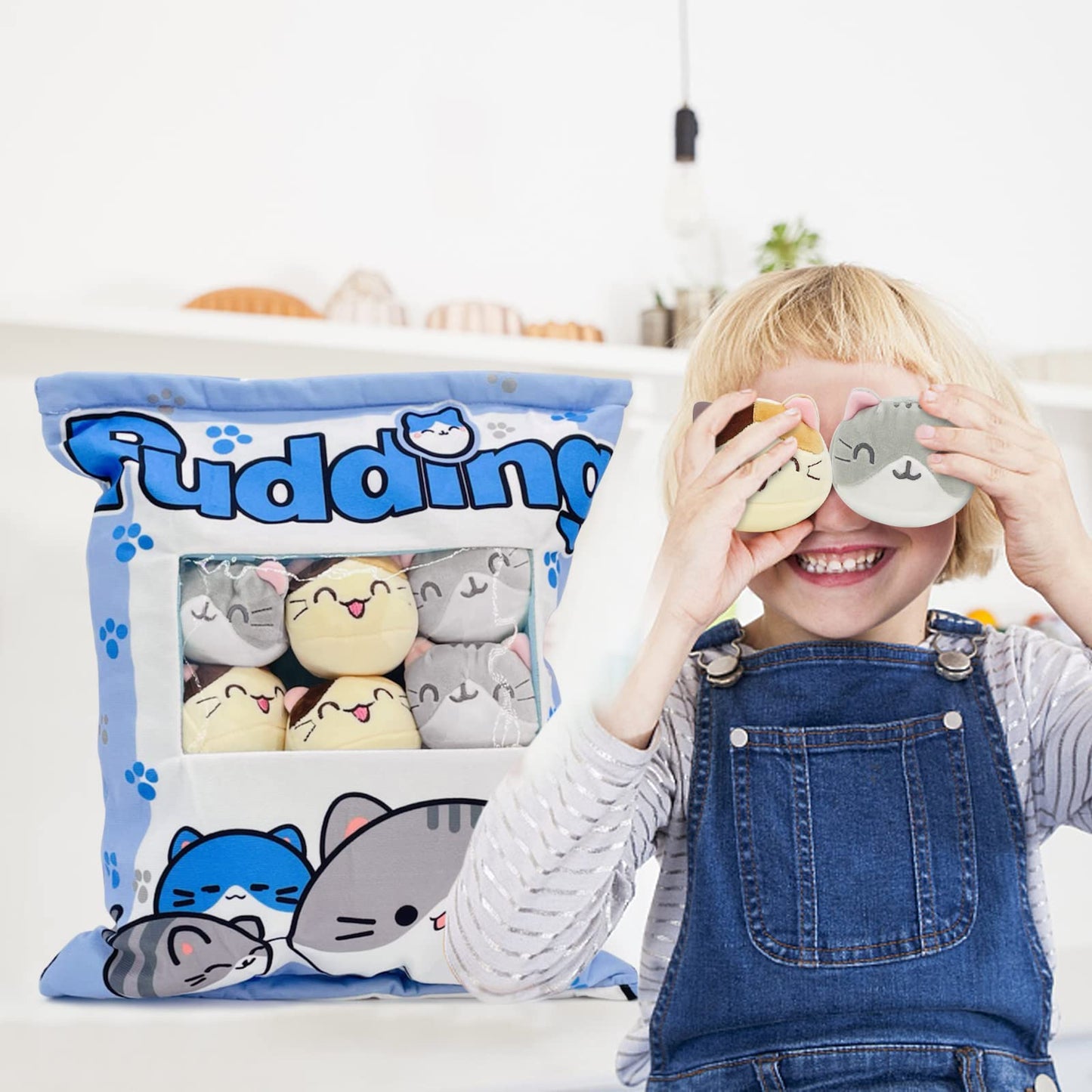 REFAHB Cute Plush Pillow Kitten-Blue with Removable Toys | Cozy Throw Pillow