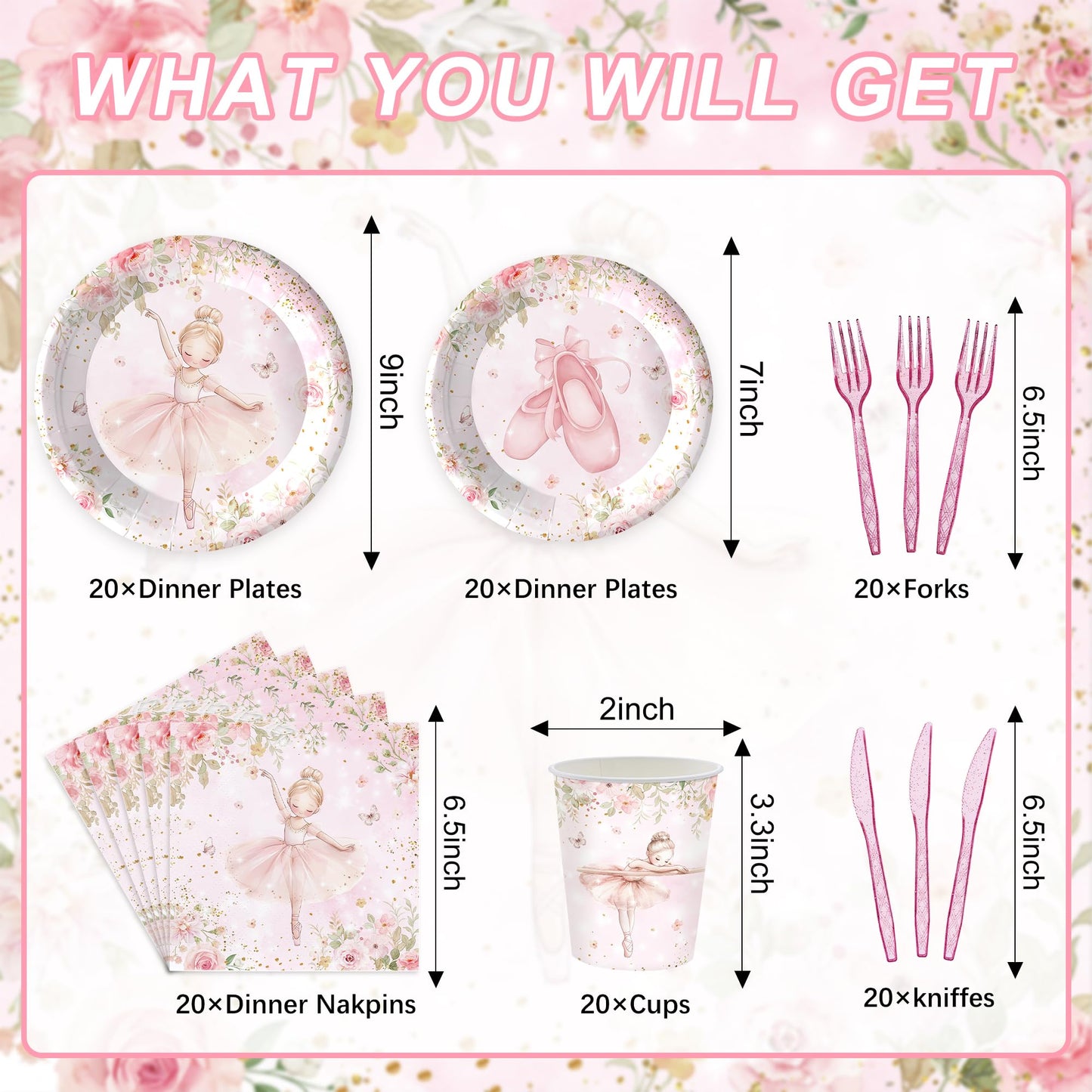 Rejoice Bunny 120PCS Ballerina Party Supplies for Girls – 20 Guests Dancing Theme Tableware
