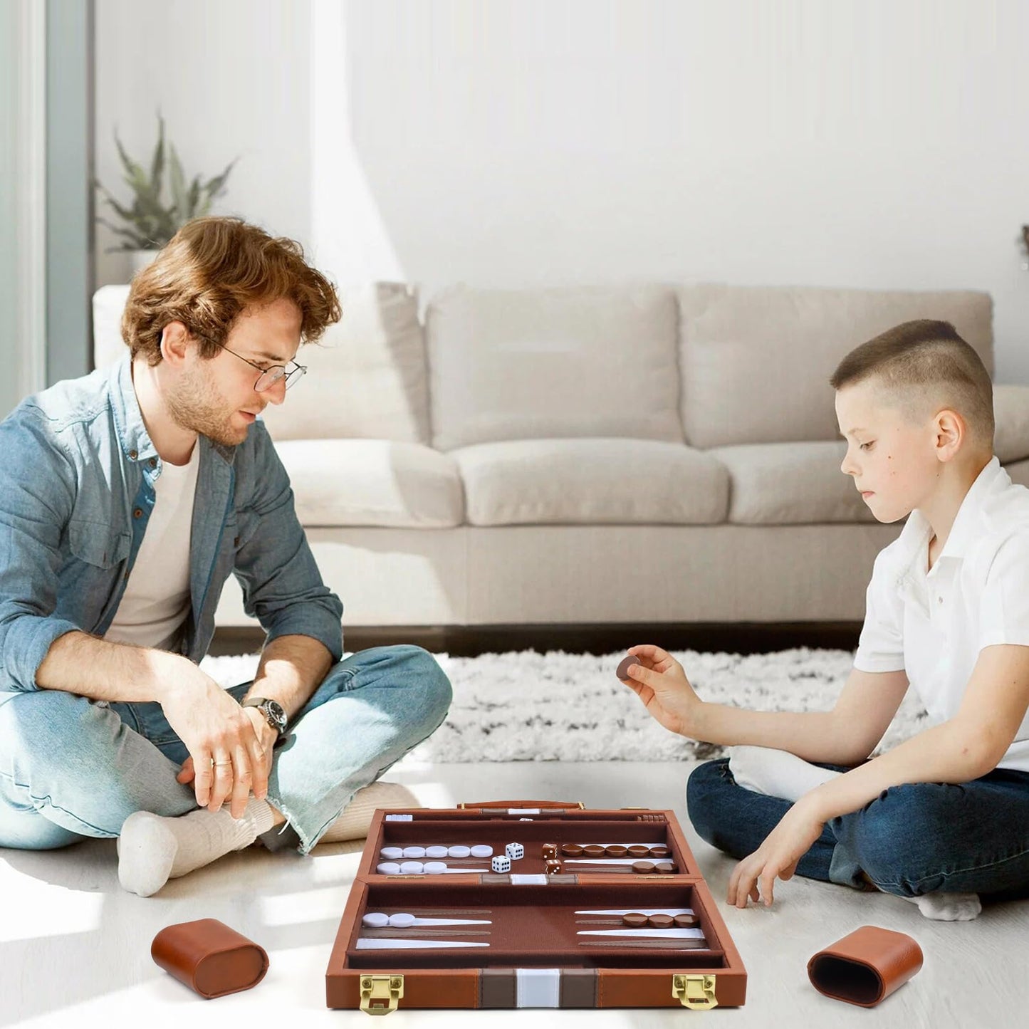 RERIVER Backgammon Set – 18-Inch Brown PU Leather Case, 2-Player Travel Board Game