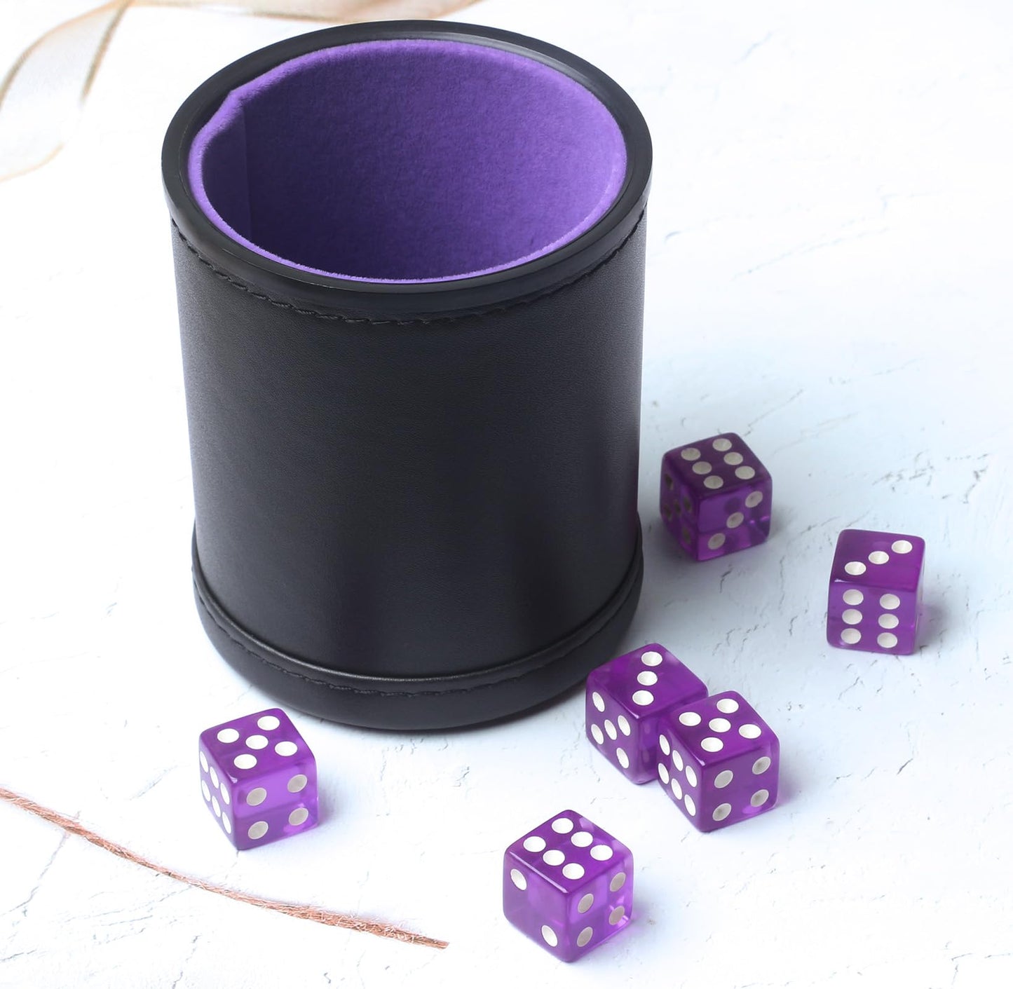 RERIVER PU Leather Dice Cup Set – Purple Velvet Interior + 6 Purple D6 Dice for Liars Dice, Farkle & Yahtzee