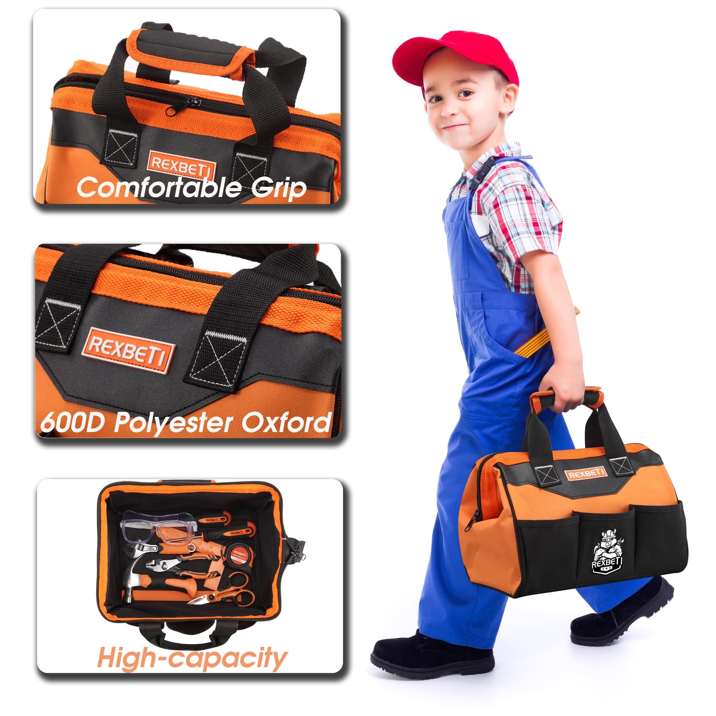 REXBETI 10-Piece Kids Real Tools Set with Orange Storage Bag | DIY & Woodworking for 6+