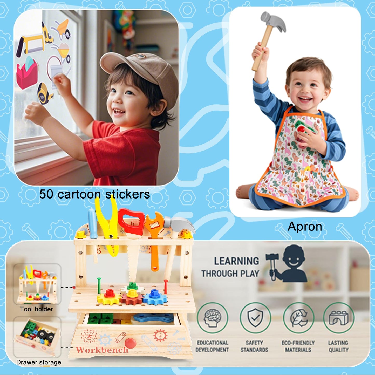 REXBETI Kids Wooden Tool Set with Apron – Montessori Pretend Play for Ages 3-5
