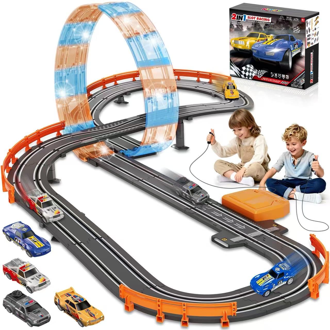 RIANEAN Slot Car Race Track Set – Dual-Lane 1:43, Overpass, LED Tracks, 4 Cars for Kids 4–12