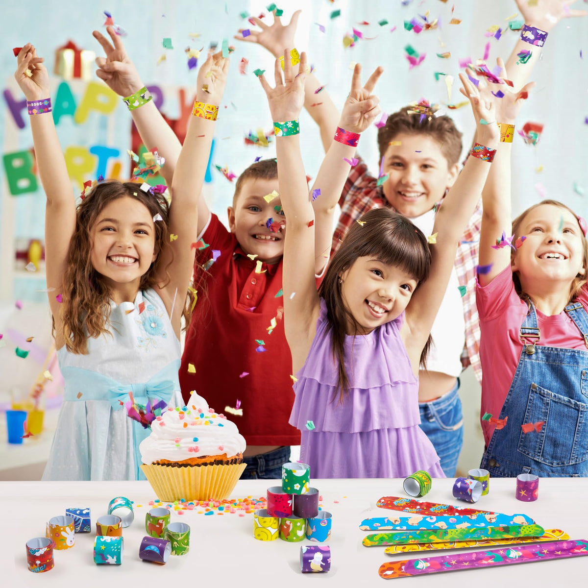 RICEDUO 60-Count Slap Bracelets for Kids – 30 Styles Colorful Wristbands | Party Favors & Classroom Prizes