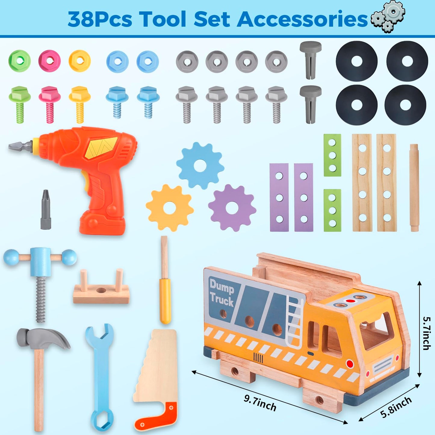 Rincalivestra Kids Tool Set Toy — 38-Piece Wooden STEM Construction Kit for Toddlers