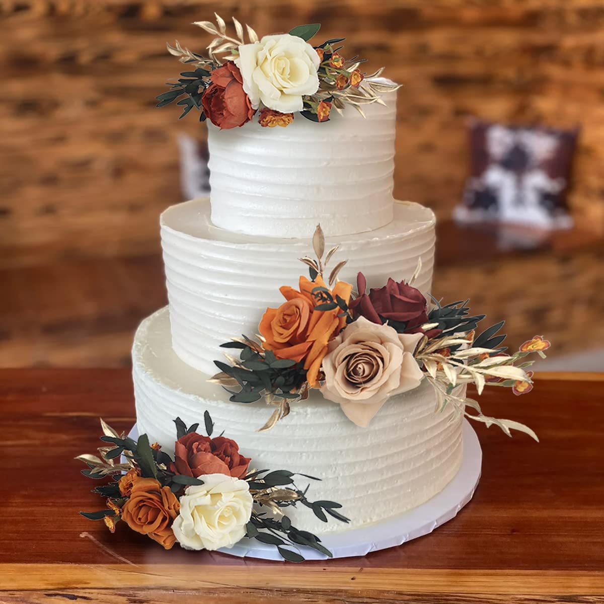 Rinlong 3Pcs Pre-made Cake Topper Flowers – Boho Burnt Orange Fall Cake Decor