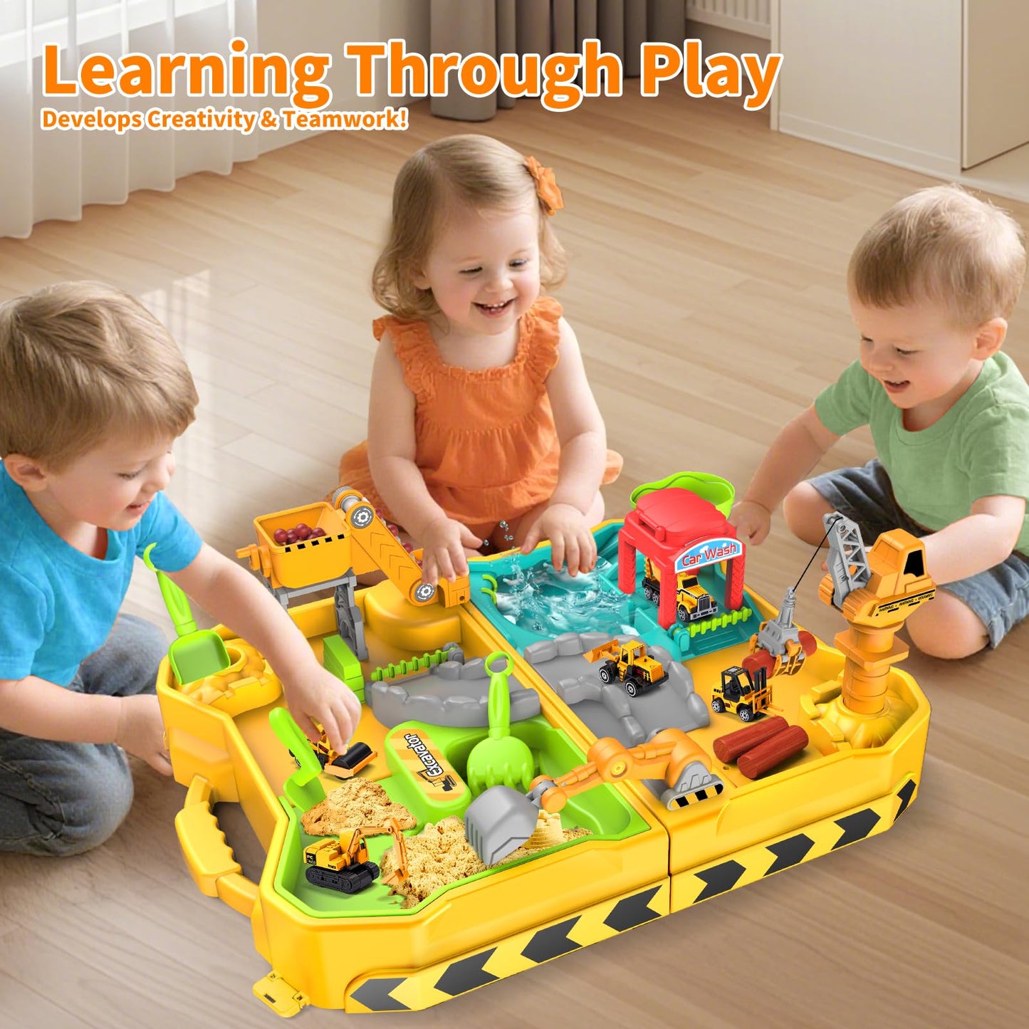 RISUNTOY Construction Sand Kit with Foldable Sandbox Case – 1.1lbs Sand, 4 Alloy Trucks & Molds