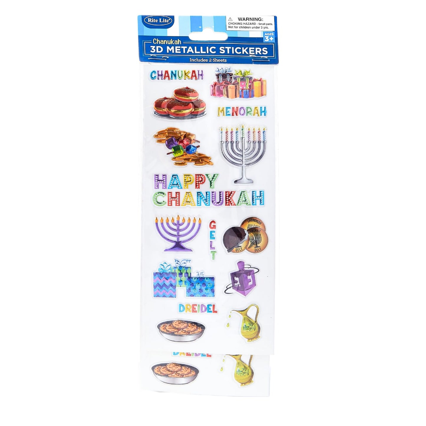 Rite Lite Hanukkah 3D Metallic Stickers – 2 Festive Sheets for Dreidels, Menorahs & Crafts