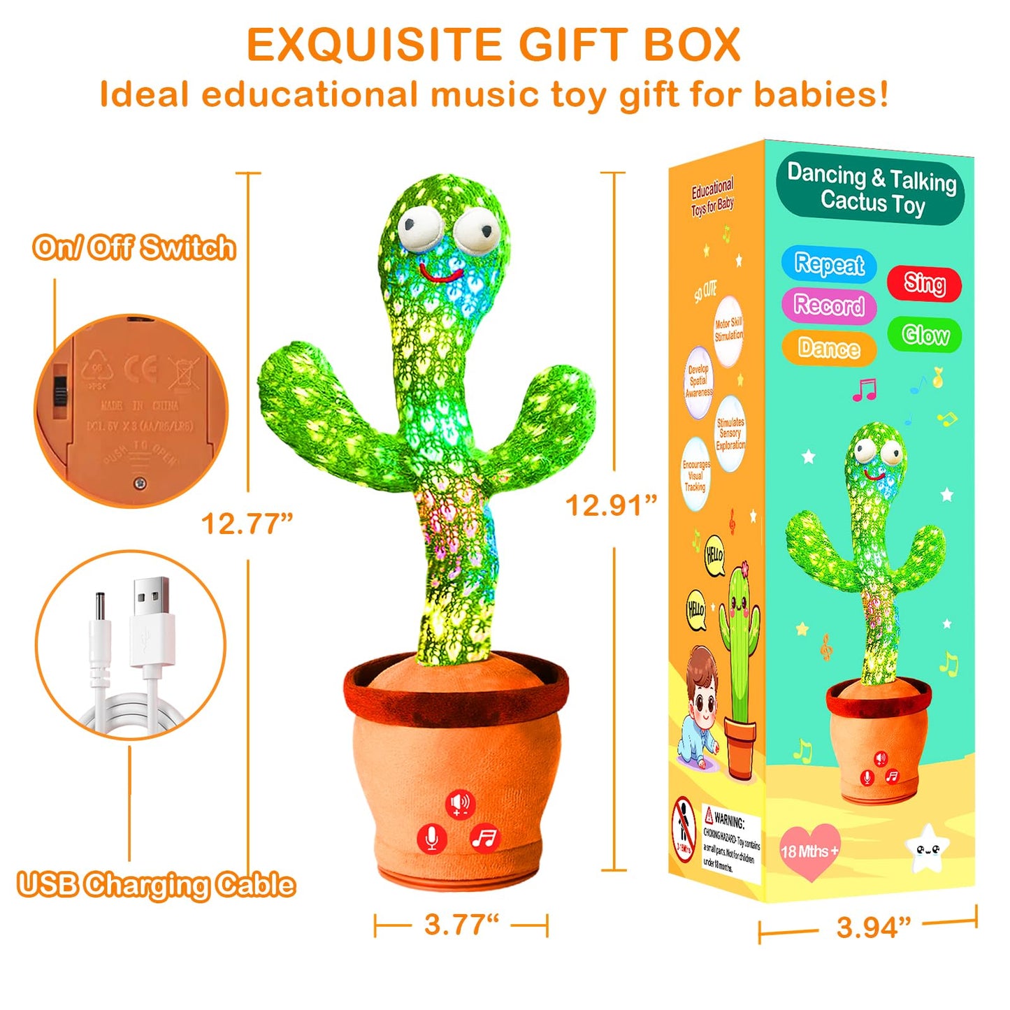 River Mill Rechargeable Dancing Talking Cactus Toy for Babies 18 Months+ | 51 English Songs