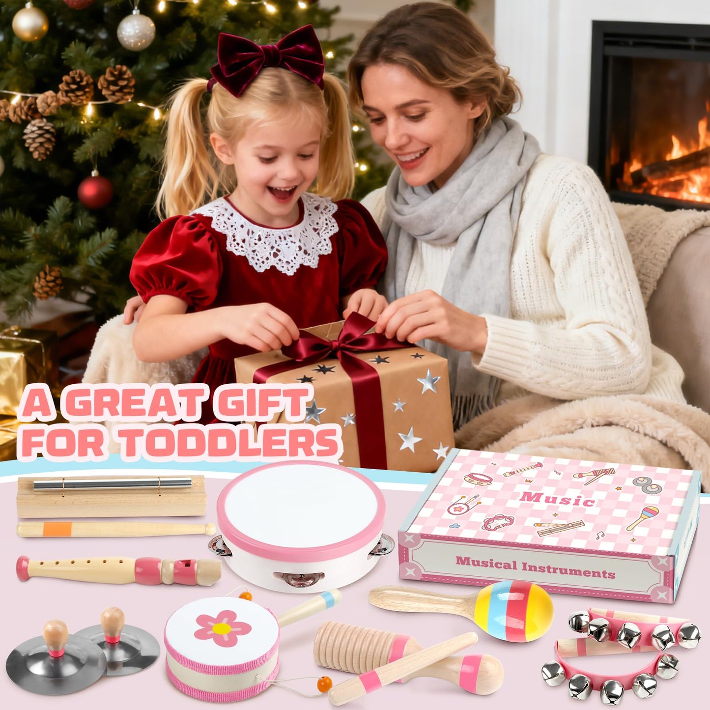 Rmischolar Baby Musical Instruments – Montessori Wooden Toys for Toddlers (Pink)