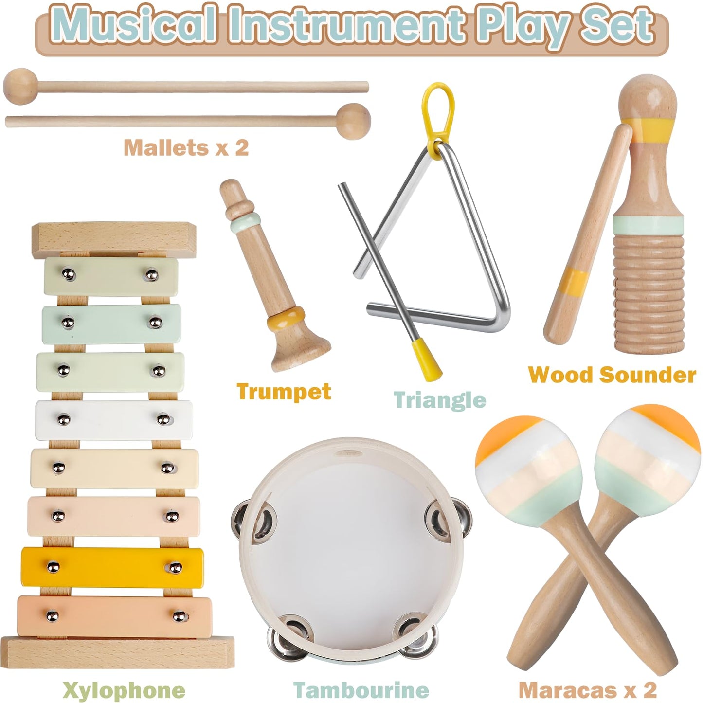 Rmischolar Baby Musical Instruments – Neutral Montessori Wooden Set for Toddlers 1-3