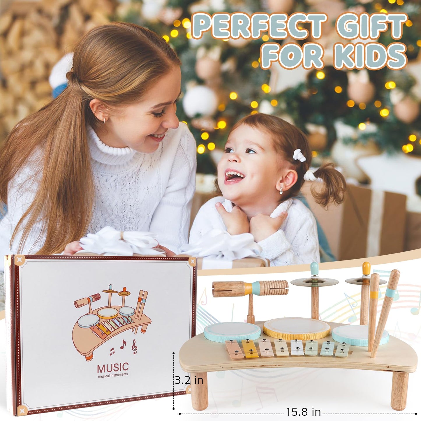 Rmischolar Kids Drum Set | Montessori Wooden Musical Toys for Toddlers 1–3