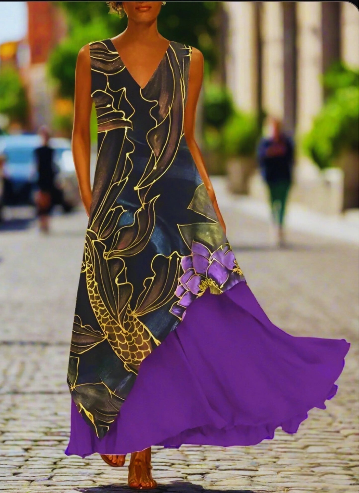 Boho Sleeveless V-Neck Long Dress – Women's Layered Summer Maxi with Floral Print