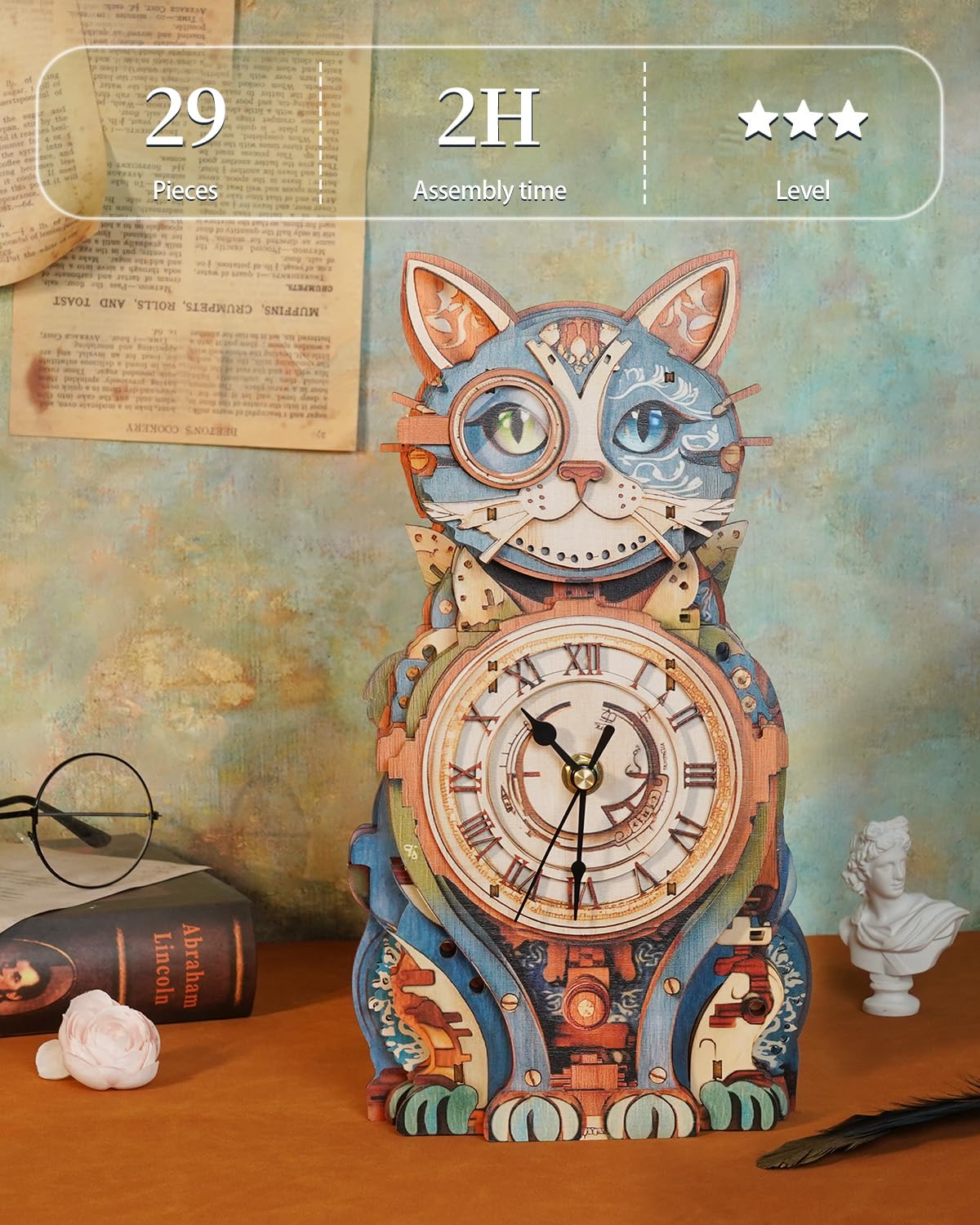 Rnfinewow 3D Wooden Cat Detective Clock – DIY Puzzle Kit & Pendulum Wall Clock