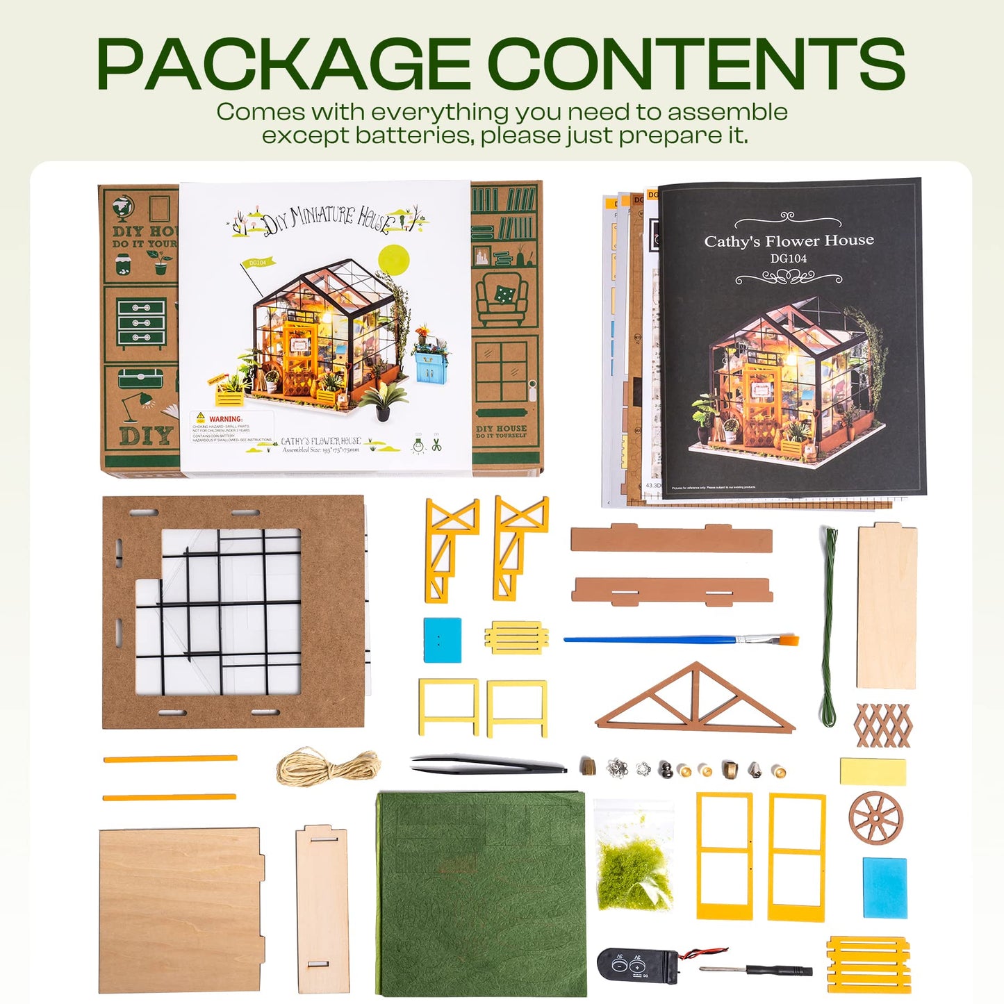 ROBOTIME DIY Miniature Greenhouse Kit with LED – 1:24 Dollhouse (Cathy's Greenhouse)