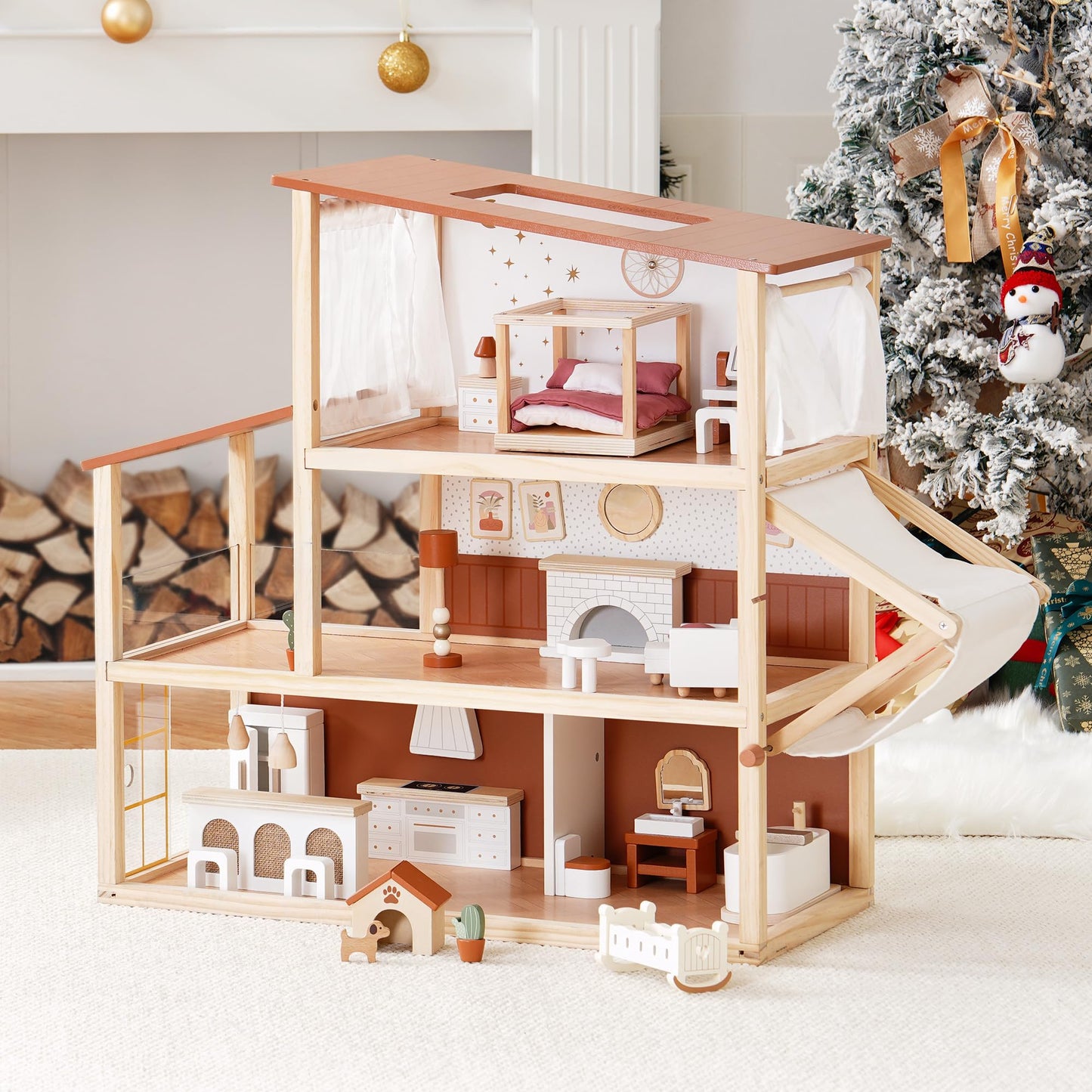 ROBOTIME 3-Story Bohemian Dollhouse with 37-Piece Furniture & Awning | Gift for Kids 3+